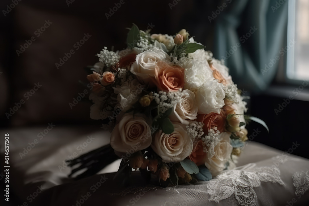 Wall mural beautiful wedding bouquet close-up, ai generated