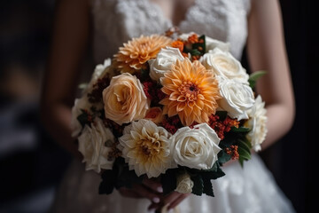 Obraz na płótnie Canvas Bride in white dress with wedding bouquet closeup, AI Generated