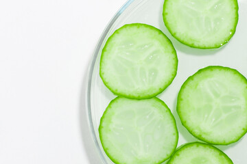 Thinly sliced slices of fresh green cucumber in a Petri dish.