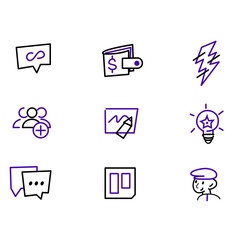 Set of support service, chat, notes, idea, and wallet, cash money icons. Flat geometric colored icons. Vector