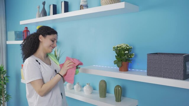 Young woman cleaning dust from household items.