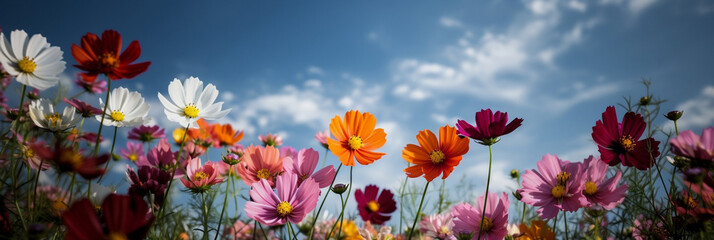 Fototapeta na wymiar Vibrant cluster of cosmos flowers against a colorful background and blue sky, Generative AI