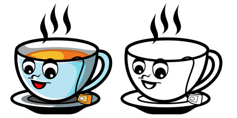 Cartoon smoking cup of Tea mascot character vector illustration , Happy Cartoon Tea cup clip art colored and black and white line art stock vector image