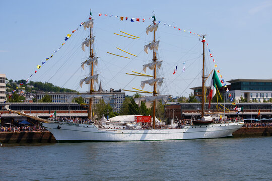 The great mexican three-masted schooner Cuauhtemoc on the Seine river for Armada parade. Training vessel, history of mexico. Boat accustomed to challenges of seas.