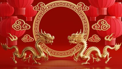 3d rendering illustration for happy chinese new year 2024 the dragon zodiac sign with flower, lantern, asian elements, red and gold on background. ( Translation :  year of the dragon 2024 ).