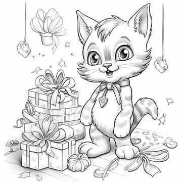 Coloriage mignon d'un chaton c&eacute;l&eacute;brant anniversaire