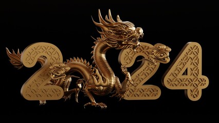 3d rendering illustration for happy chinese new year 2024 the dragon zodiac sign with flower,...