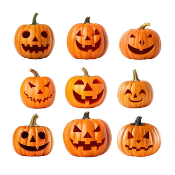 collection of jack-o-lanterns isolated on a transparent background, generative ai
