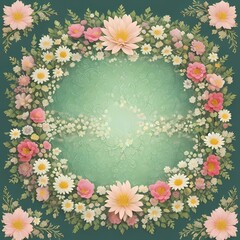 Obraz premium Vintage-Inspired Floral Collage: AI-Generated Illustration with Roses and Daisies in a Light Blue-Green Circle