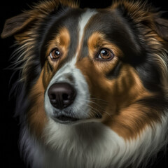 Closeup adorable rough collie dog studio portrait on black isolated background as concept of domestic pet in ravishing hyper realistic by Generative AI.