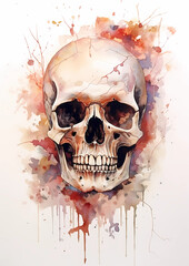 Watercolor Human Skull Illustration. Halloween Graphic. Generative Ai.