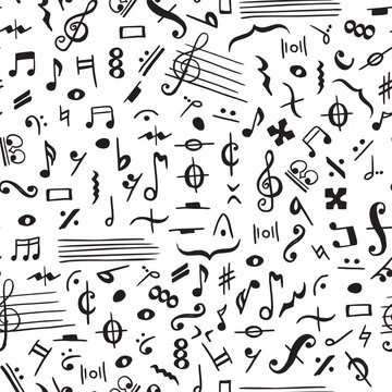 Doodle seamless pattern with hand drawn music notes.
