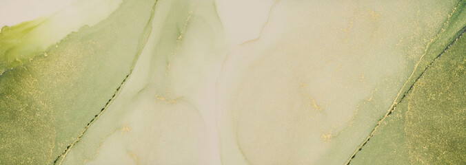 Watercolor and alcohol ink smoke flow stain blot on paper horizontal background. Green, beige and gold neutral colors. Marble texture.