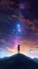 Fototapeta premium a lightning star in the sky above a brave anime girl, ai generated image
