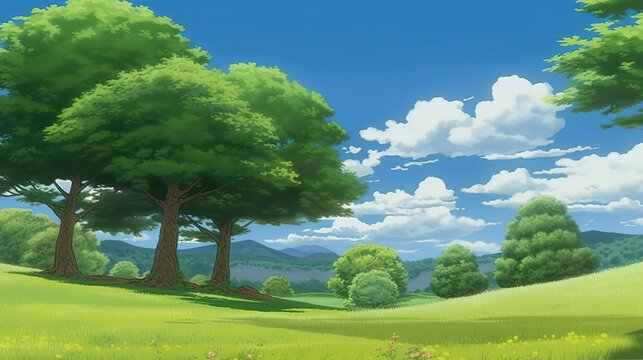 a simple beautiful landscape illustration with a lot of trees in spring, manga artwork, ai generated image