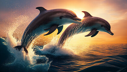 Illustration of jumping dolphins in the water under the sun
