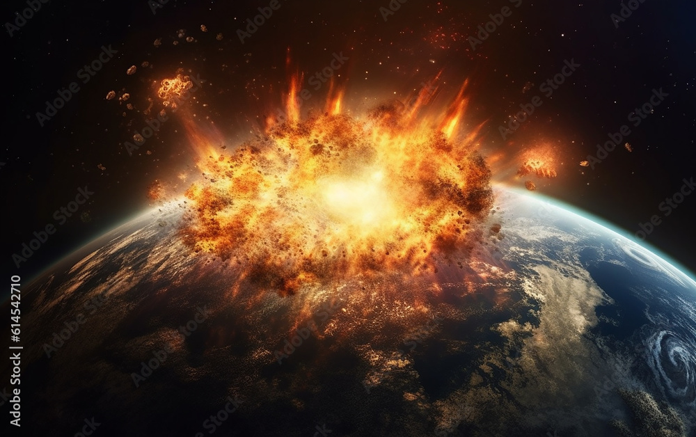 Wall mural meteor impact. the image portrays a gigantic meteorite colliding with the earth, causing the crust t