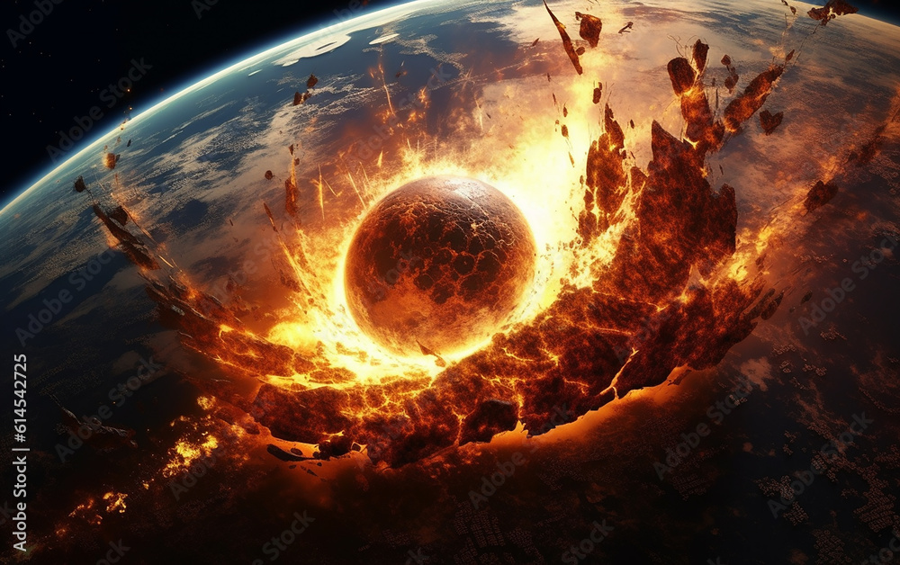 Wall mural meteor impact. it is an image depicting a massive meteor colliding with the earth. the crust is crum