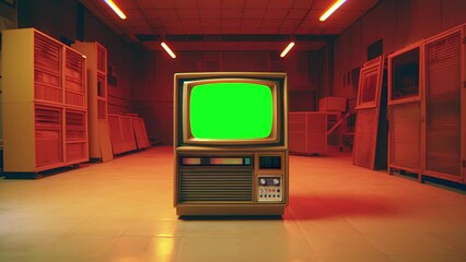 Retro 1980s tv, vintage television with a glitches, noise, interference, green screen in a laboratory. - Powered by Adobe