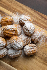 Delicious cookies on a wooden board. Close up