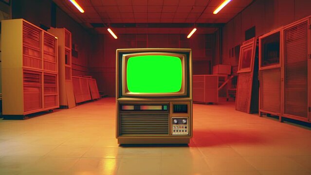 Retro 1980s tv, vintage television with a glitches, noise, interference, green screen in a laboratory.
