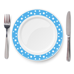 Empty vector blue dish with white chaotic pattern on white background and knife and fork isolated. Close up view from above.