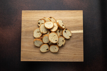 Delicious cookies on a wooden board. Close up