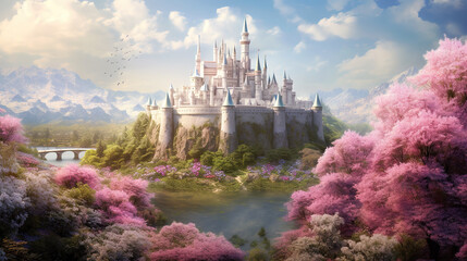 a beautiful fairytale inspired castle illustration with pink trees in front, ai generated image