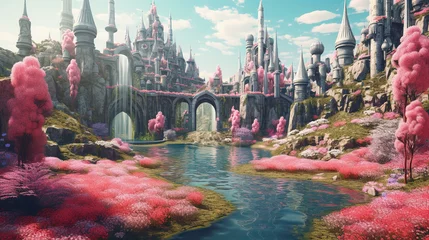 a beautiful modern fairytale illustration of a river flowing into a castle, ai generated image © Japanese_Brush