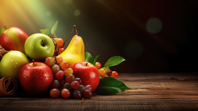 shining sweet fruits and berries in a wallpaper design, ai generated image