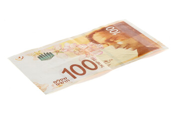 Israeli NIS 100 bill New Israeli Shekel. One banknote of a new type with a portrait of poet Lea...