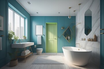 Fototapeta na wymiar Bathroom interior with blue walls, wooden floor, white bathtub and two vertical posters. generative ai