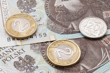 Polish Zloty. Official Currency of Poland in Denominations. Zloty close-up. Bank of Poland, Narodowy Bank Polski. Full depth of field. - obrazy, fototapety, plakaty