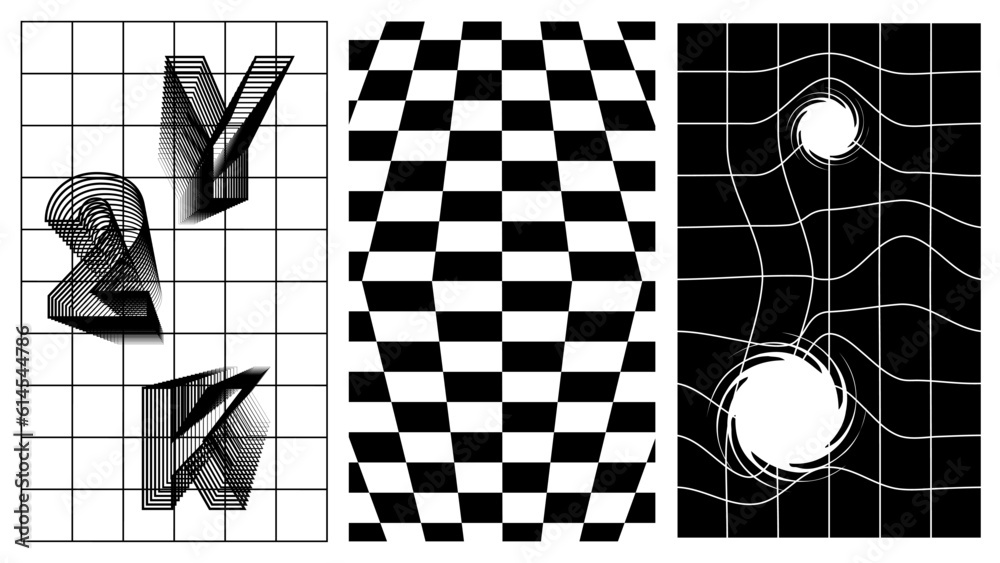 Aufkleber Set of abstract aesthetic y2k geometric elements and 3D wireframe shapes. Black and white retro line design elements. Vector illustration for social networks or posters. EPS 10