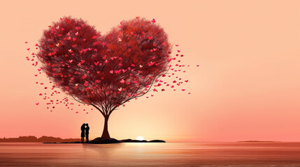 a couple standing under a beautiful heart tree, ai generated image