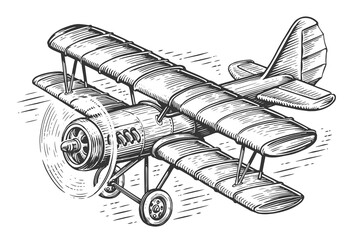 Retro airplane flying in the sky. Biplane with piston engine sketch. Vintage transport illustration - obrazy, fototapety, plakaty