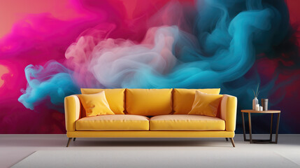 a modern living room mockup with foggy wall art, ai generated image
