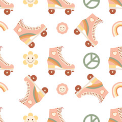 Pink retro 70s roller skates seamless pattern. Groovy skate shoes. Vintage texture, repeat wallpaper for girls.