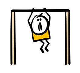 Weak stickman man is hanging on a horizontal bar in the gym and trying to pull himself up. Vector illustration of a persistent athlete on the court.