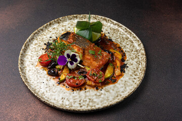 Delicious fish dishes from the restaurant. Close-up