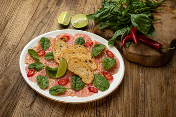 Delicious fish dishes from the restaurant. Close-up