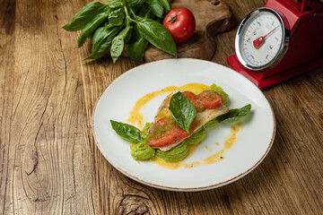 Delicious fish dishes from the restaurant. Close-up