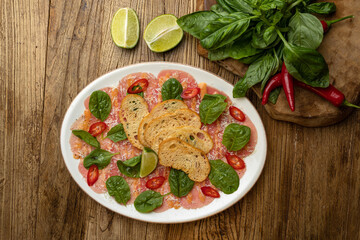 Delicious fish dishes from the restaurant. Close-up