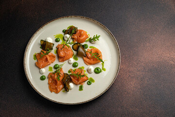 Delicious fish dishes from the restaurant. Close-up