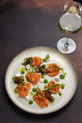 Delicious fish dishes from the restaurant. Close-up