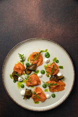 Delicious fish dishes from the restaurant. Close-up