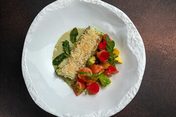 Delicious fish dishes from the restaurant. Close-up