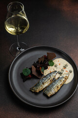 Delicious fish dishes from the restaurant. Close-up