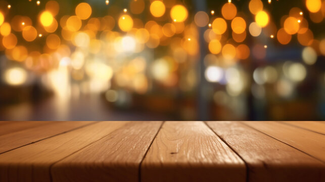 image of wooden table in front of abstract blurred background of resturant lights, Created using generative AI tools.