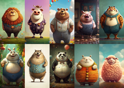 Set of funny portraits with cute fat cartoon style animals AI generated	